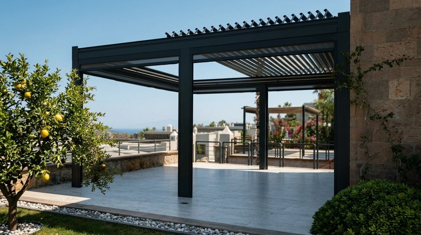 Deniz manzaralı terasta bioklimatik pergola, kanatlar açık