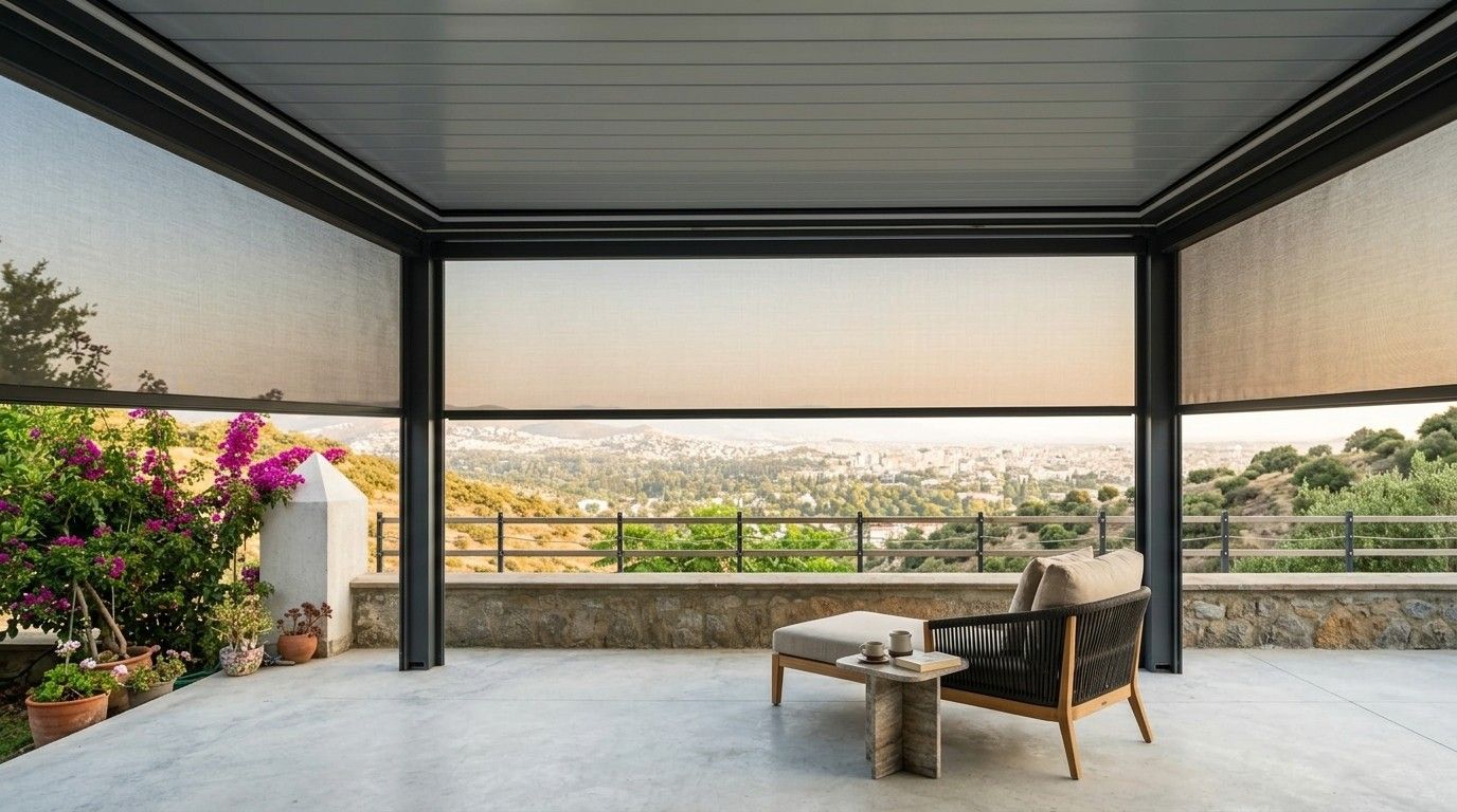Bioklimatik pergola altında zip perdeli oturma alanı, şehir manzarası