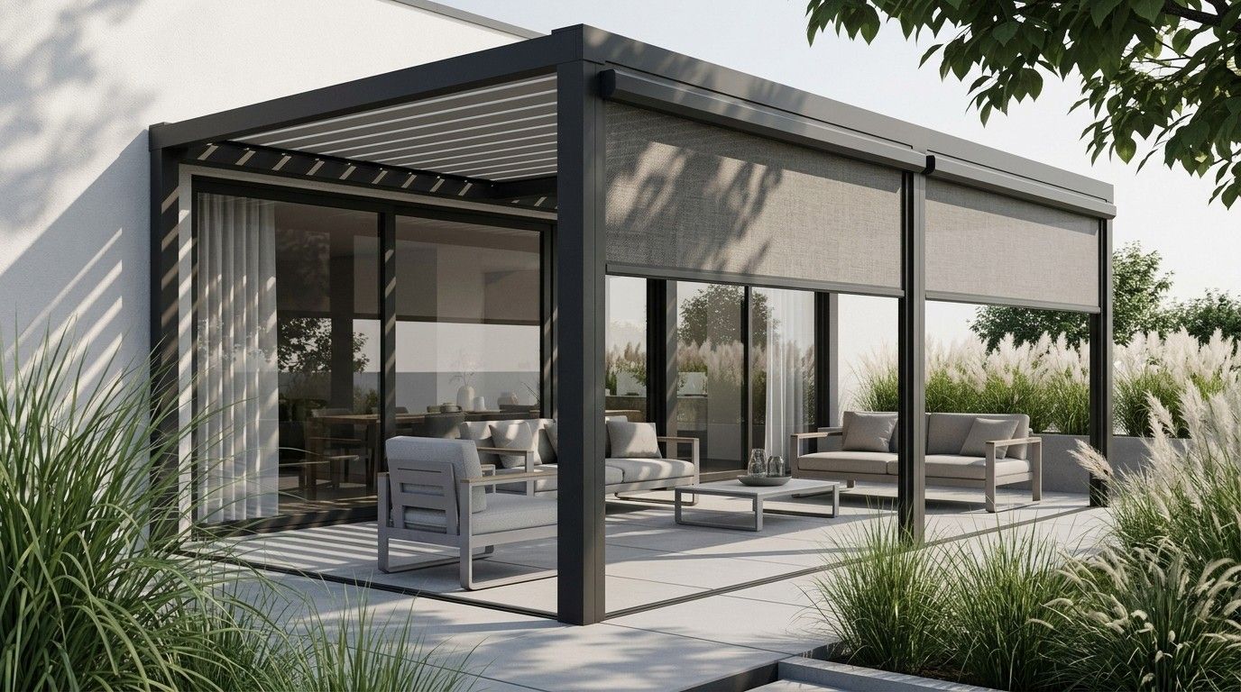 Bahçede zip perdeli bioklimatik pergola altında oturma grubu