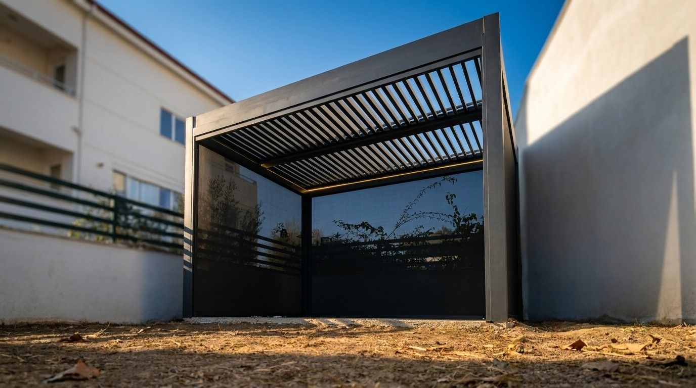 İki duvar arasına kurulmuş bioklimatik pergola, kanatlar açık