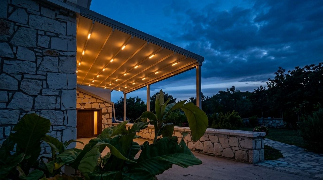 Çeşme'de taş evin bahçesinde pergola tente, akşam
