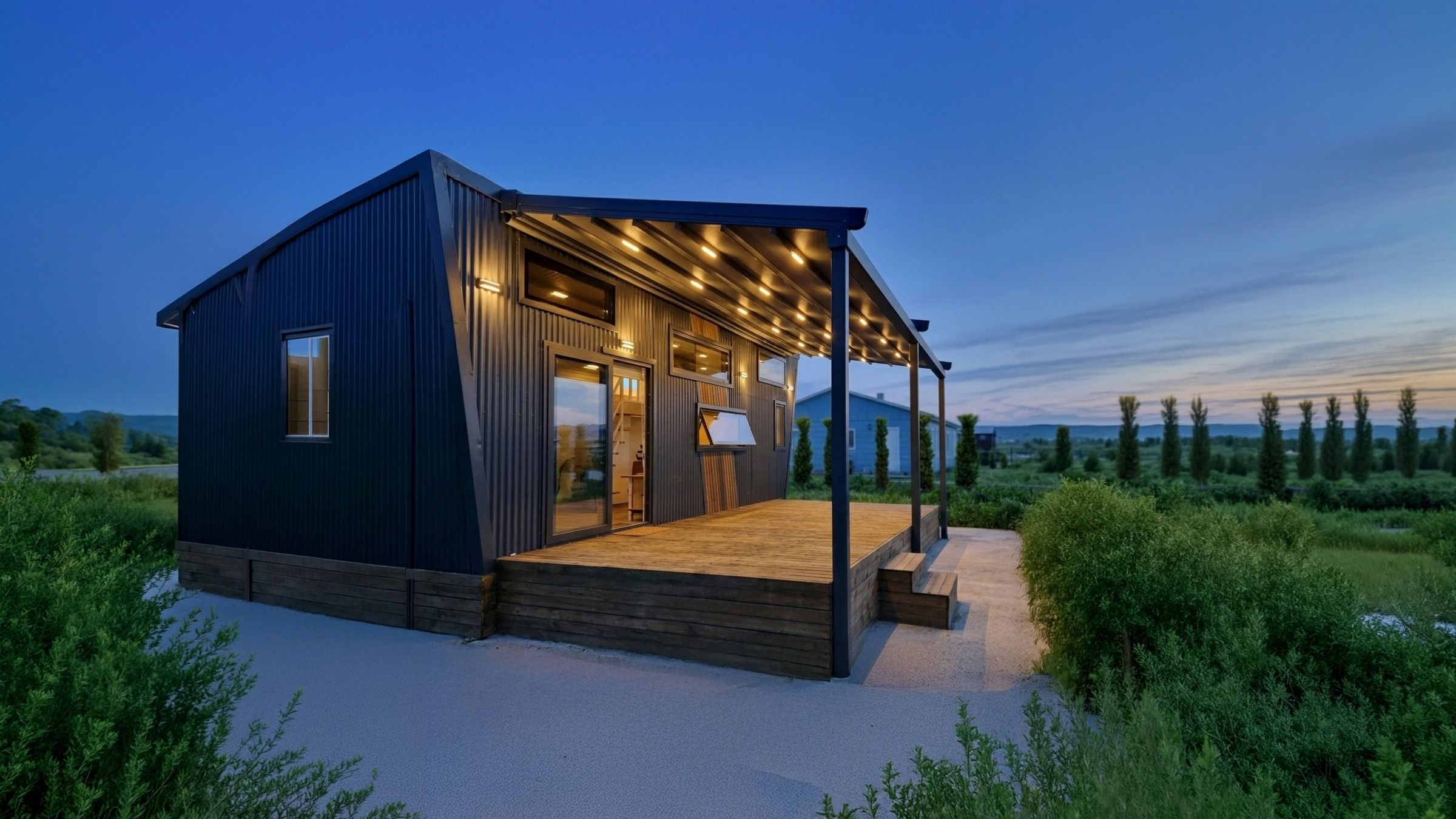 Koyu cepheli kır evinde ahşap deck üstü pergola