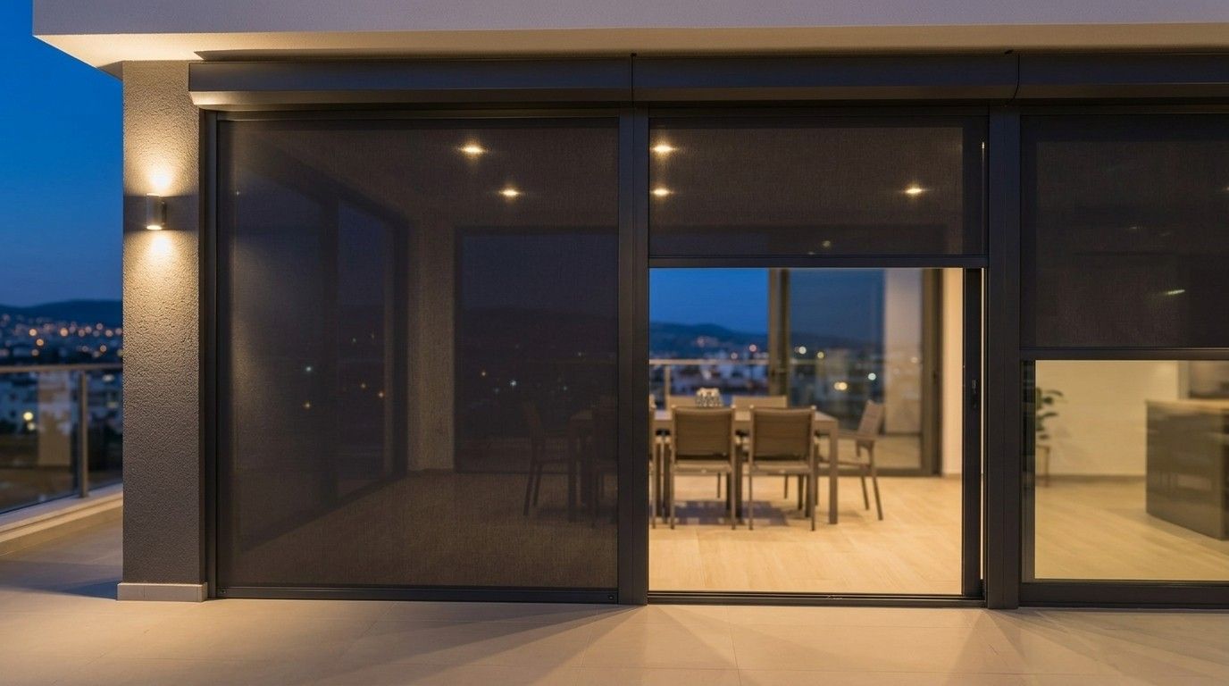 Gece şehir manzaralı balkonda zip perde
